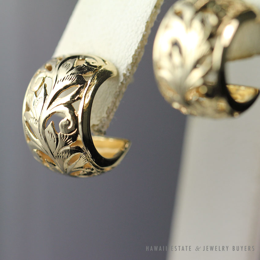 MING'S HAWAII SEMI HOOP OPEN 14K YELLOW GOLD CARVED EARRINGS - Image 4