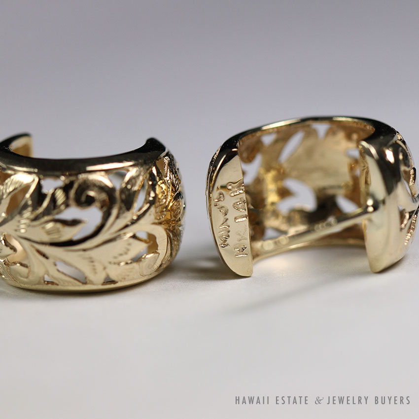 MING'S HAWAII SEMI HOOP OPEN 14K YELLOW GOLD CARVED EARRINGS - Image 3