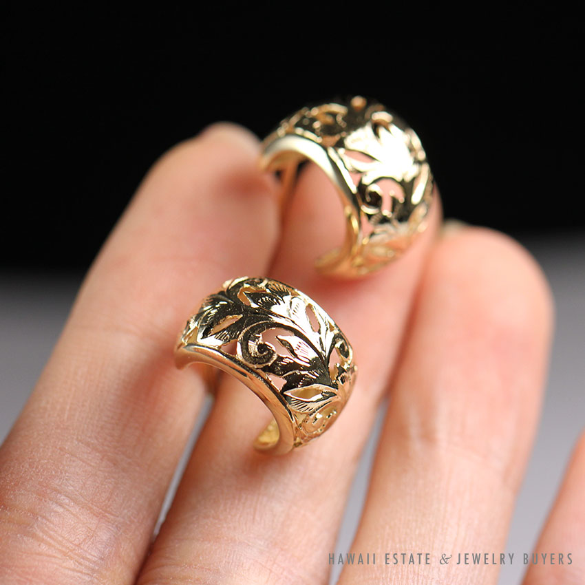 MING'S HAWAII SEMI HOOP OPEN 14K YELLOW GOLD CARVED EARRINGS - Image 2