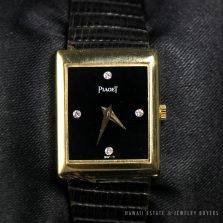Piaget Square Face Diamond 18K Yellow Gold Black Strap Wrist Watch