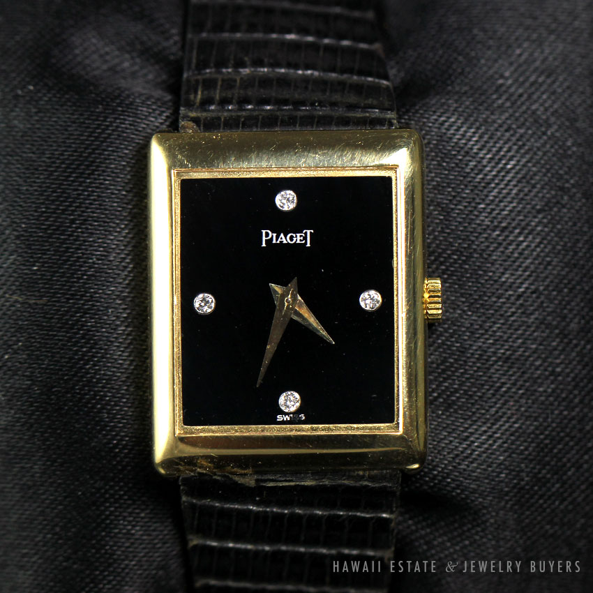 Piaget Square Face Diamond 18K Yellow Gold Black Strap Wrist Watch