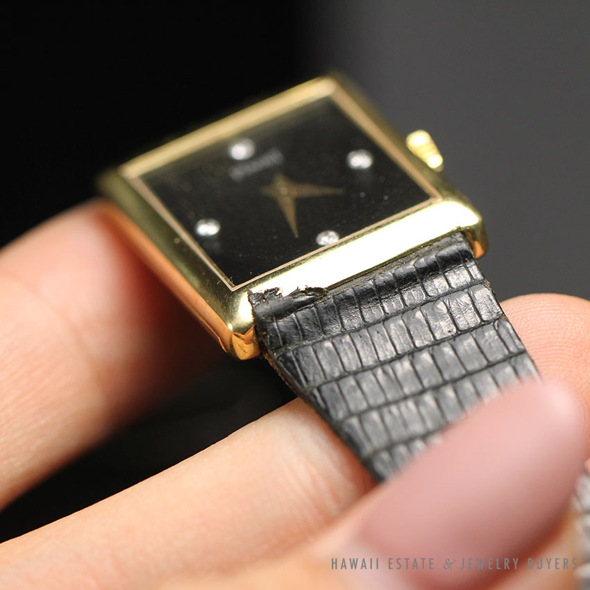 PIAGET SQUARE FACE DIAMOND 18K YELLOW GOLD BLACK STRAP WRIST WATCH