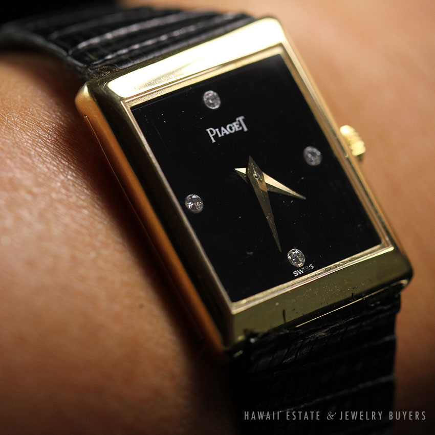 Piaget Square Face Diamond 18K Yellow Gold Black Strap Wrist Watch - Image 2