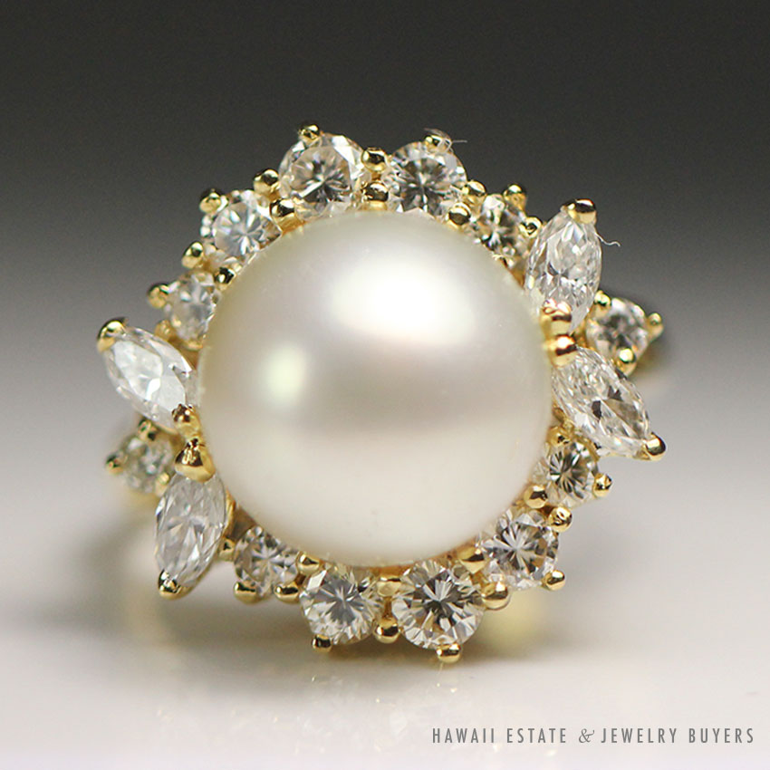 VINTAGE PEARL & 1.15CTW ROUND MARQUISE DIAMOND 18K YELLOW GOLD RING SIZE 6