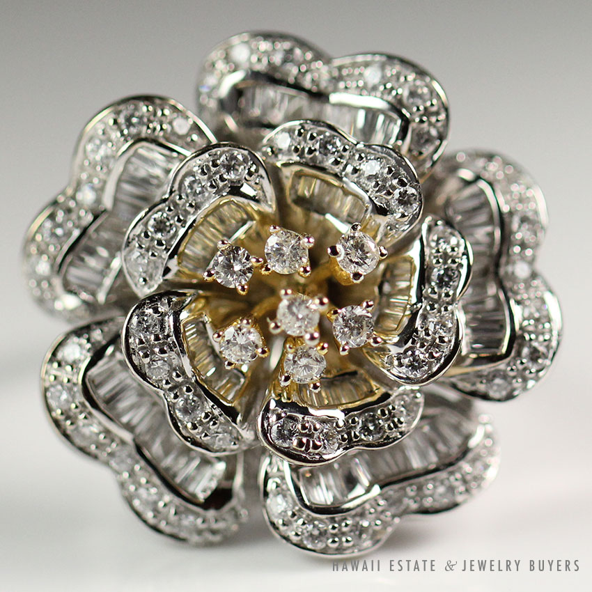 2.55CTW DIAMOND TWO TONE CHRYSANTHEMUM FLOWER 18K WHITE GOLD RING SIZE 6.5