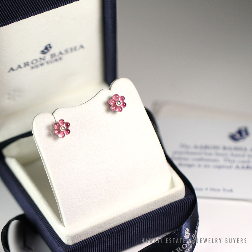 AARON BASHA PINK TOURMALINE & DIAMOND 18K WHITE GOLD STUD EARRINGS W/ BOX + CARD