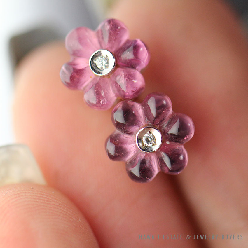 AARON BASHA PINK TOURMALINE & DIAMOND 18K WHITE GOLD STUD EARRINGS W/ BOX + CARD - Image 2