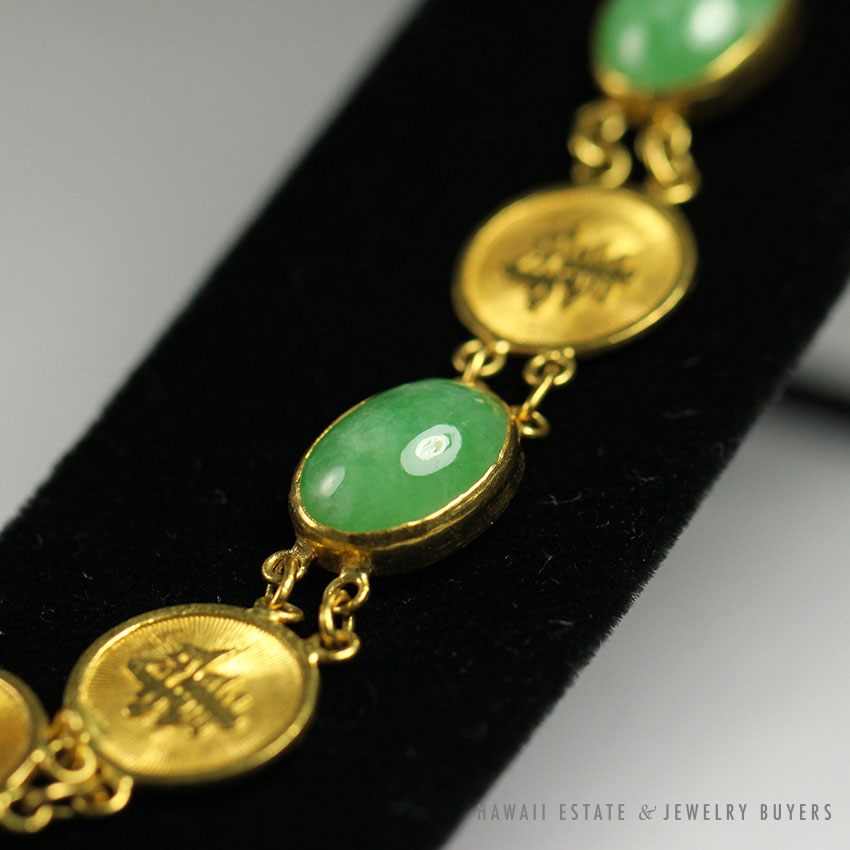 NATURAL GREEN JADEITE JADE CHINESE GOOD LUCK 22K YELLOW GOLD BRACELET - Image 3