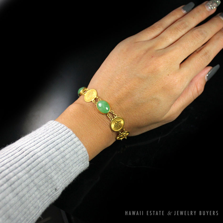 NATURAL GREEN JADEITE JADE CHINESE GOOD LUCK 22K YELLOW GOLD BRACELET - Image 5