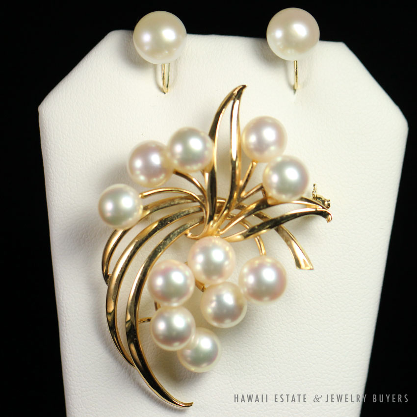 VINTAGE MIKIMOTO AAA AKOYA PEARL 14K BROOCH & SCREW BACK EARRINGS SET - Image 2