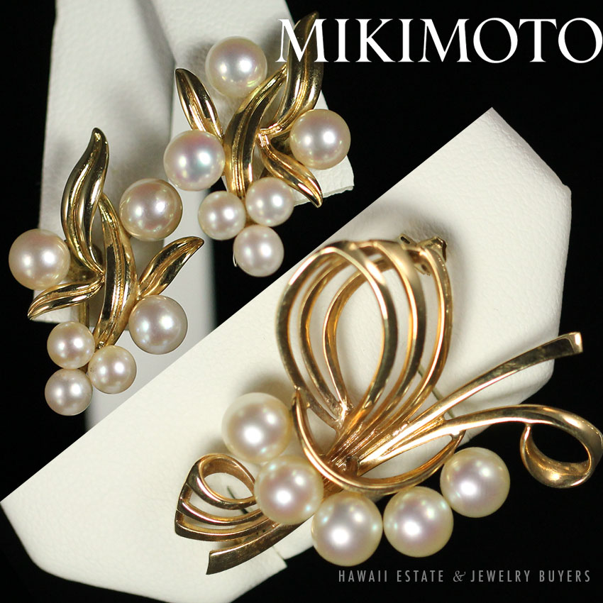 Mikimoto Cultured Pearl 14K Yellow Gold Ribbon Flower Brooch & Earrings Set