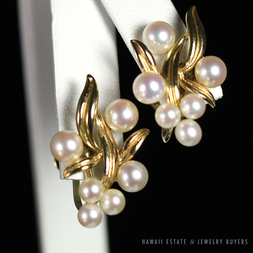 Mikimoto Cultured Pearl 14K Yellow Gold Ribbon Flower Brooch & Earrings Set - Image 3
