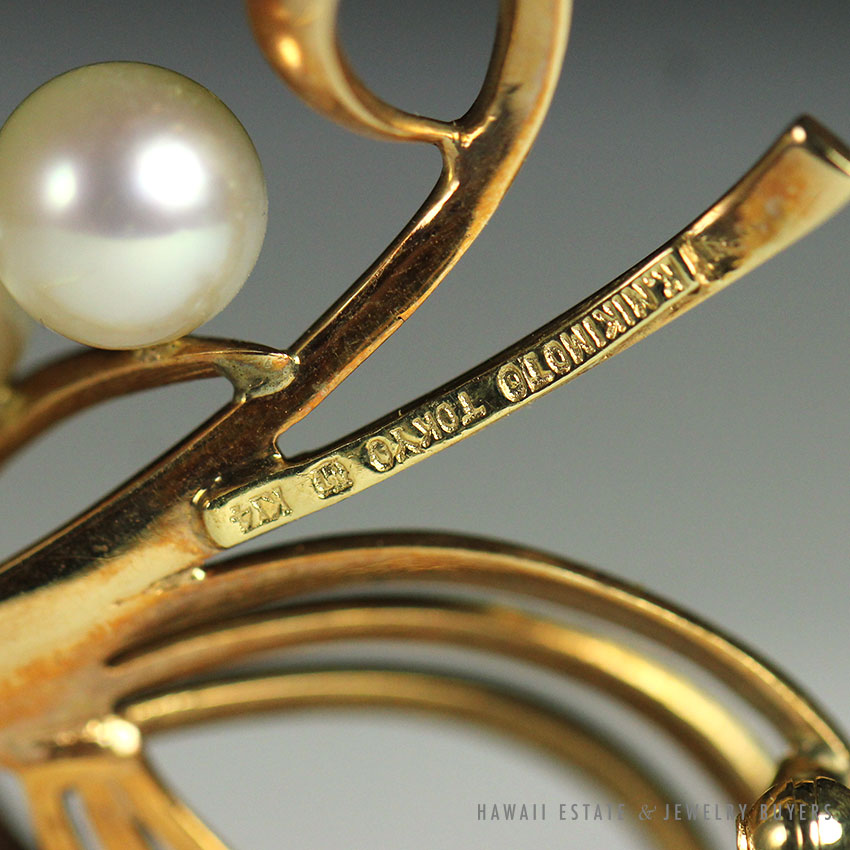 Mikimoto Cultured Pearl 14K Yellow Gold Ribbon Flower Brooch & Earrings Set - Image 2