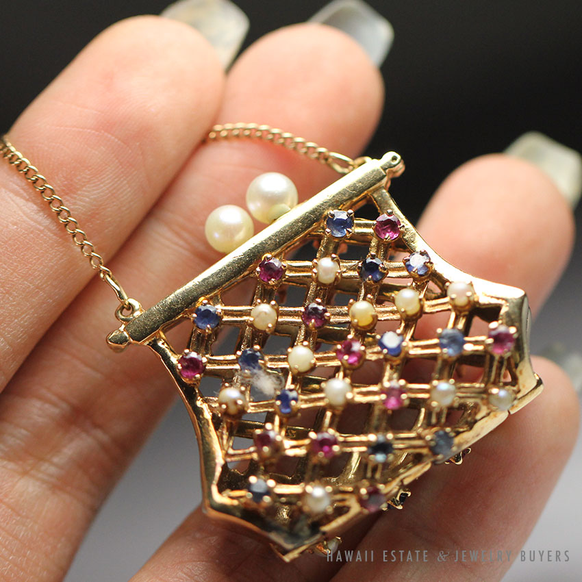 Natural Pink & Blue Sapphire Ruby Pearl 14K Yellow Gold Miniature Purse Pendant - Image 7
