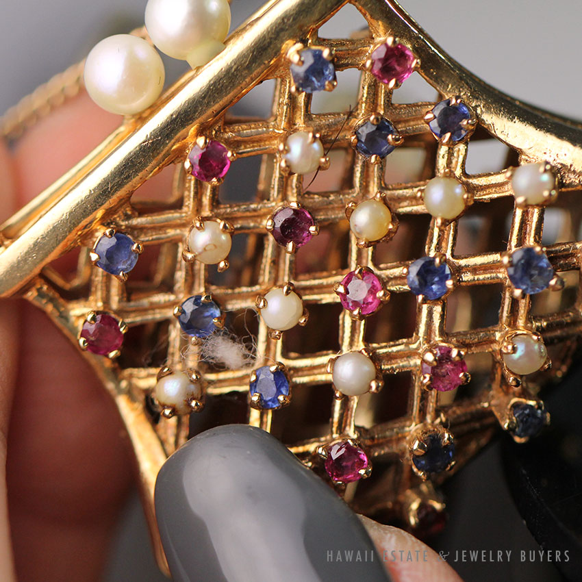 Natural Pink & Blue Sapphire Ruby Pearl 14K Yellow Gold Miniature Purse Pendant - Image 8