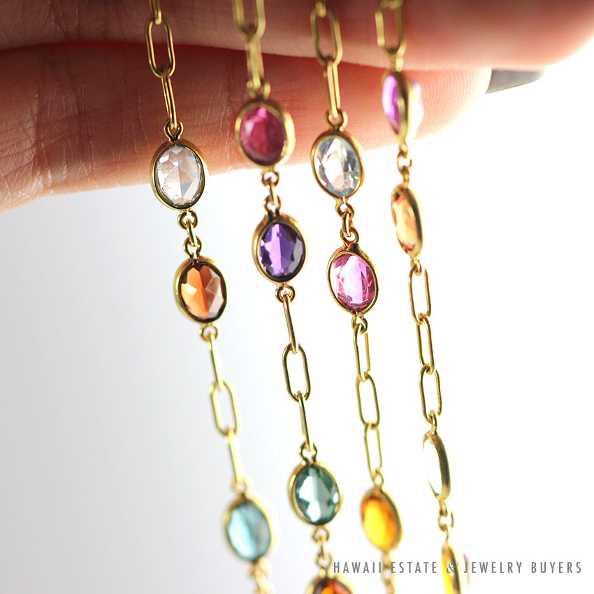 H. STERN MULTI COLORED RAINBOW GEMSTONE 18K YELLOW GOLD CHAIN NECKLACE / BRACELET 24" - Image 2