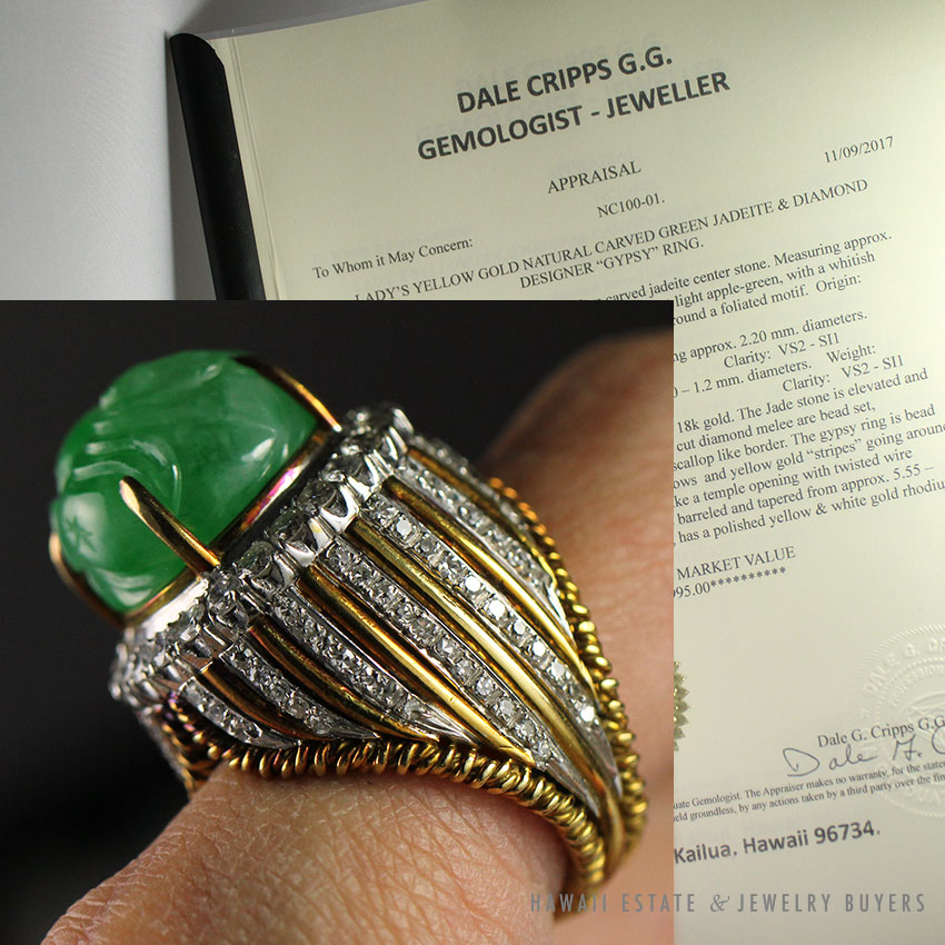 Natural Green Jadeite Jade & 1.72ctw Diamond 18K Yellow Gold Gypsy Ring Size 5.75 w/ Gemologist Appraisal