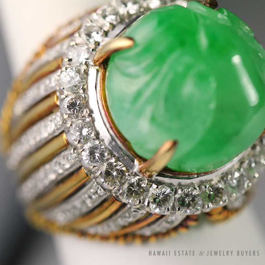 Natural Green Jadeite Jade & 1.72ctw Diamond 18K Yellow Gold Gypsy Ring Size 5.75 w/ Gemologist Appraisal - Image 4