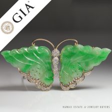 GIA Certified Natural Type Grade A Jadeite Jade Green & 0.45ctw Diamond Butterfly 14K Yellow Gold Pendant