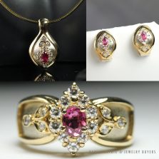 Natural Ruby & .23ctw Diamond 14K Yellow Gold Necklace Earrings & Ring Set