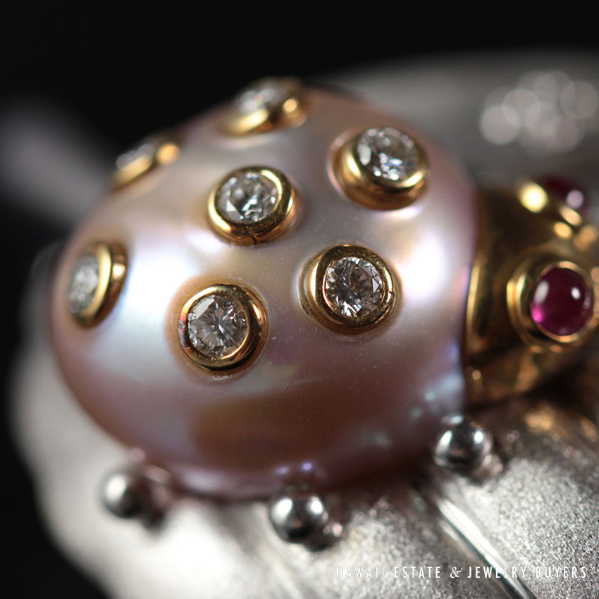 DIAMOND RUBY PEARL LADYBUG LADYBIRD BUG 18K BROOCH PIN - Image 2