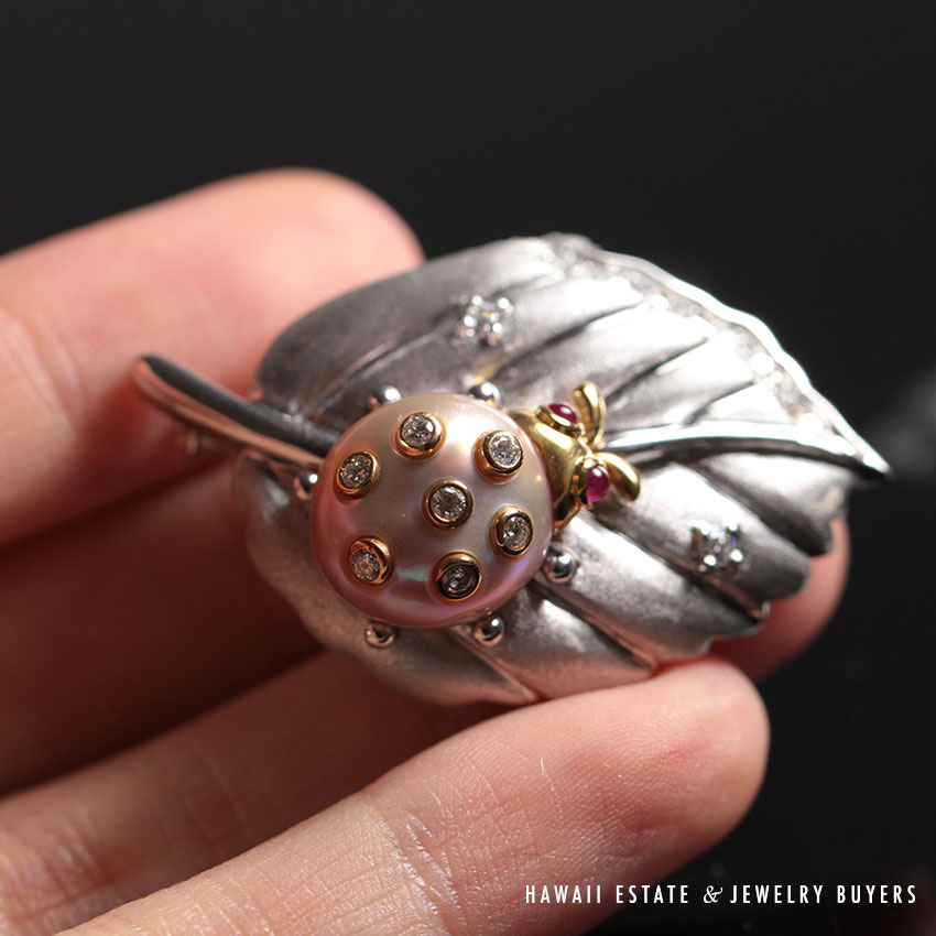 DIAMOND RUBY PEARL LADYBUG LADYBIRD BUG 18K BROOCH PIN - Image 3