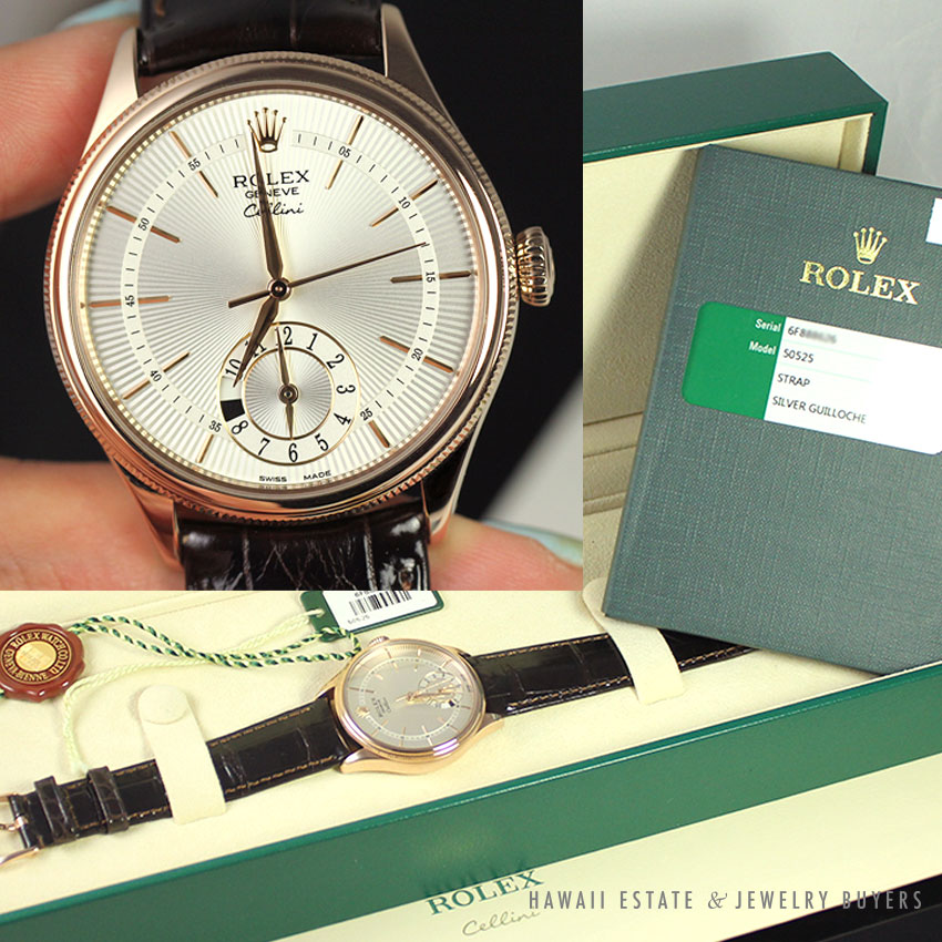 ROLEX CELLINI DUAL TIME ROSE GOLD BROWN LEATHER STRAP WITH BOX & PAPERS