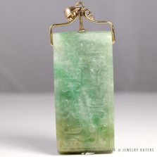 Carved Mottled Green Jade Belt Piece Pendant with Removable 14K Yellow Gold Bale