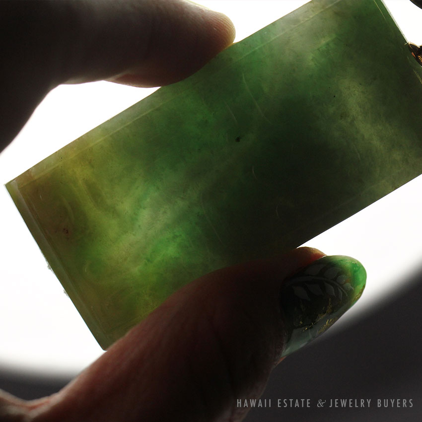 Carved Mottled Green Jade Belt Piece Pendant with Removable 14K Yellow Gold Bale - Image 5