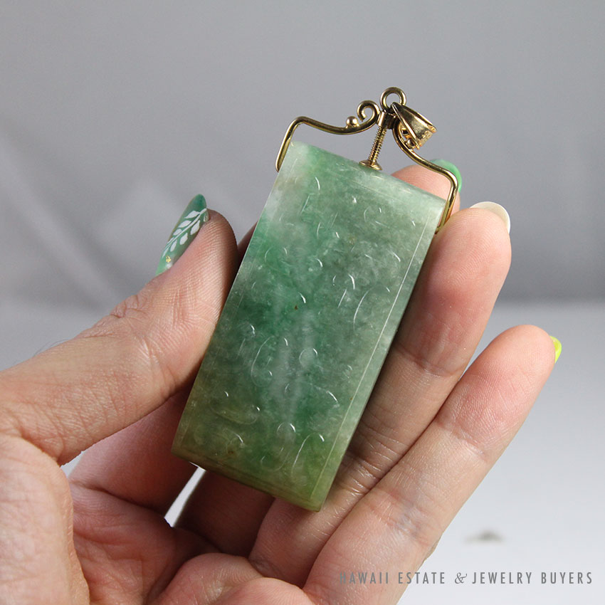 Carved Mottled Green Jade Belt Piece Pendant with Removable 14K Yellow Gold Bale - Image 9