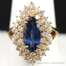 Natural Marquise Blue Sapphire & Diamond 18K Gold Ring Size 10 with Appraisal