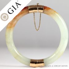 GIA Certified Grade A Type A Jadeite Jade Green Brown 14K Yellow Gold Bangle Bracelet