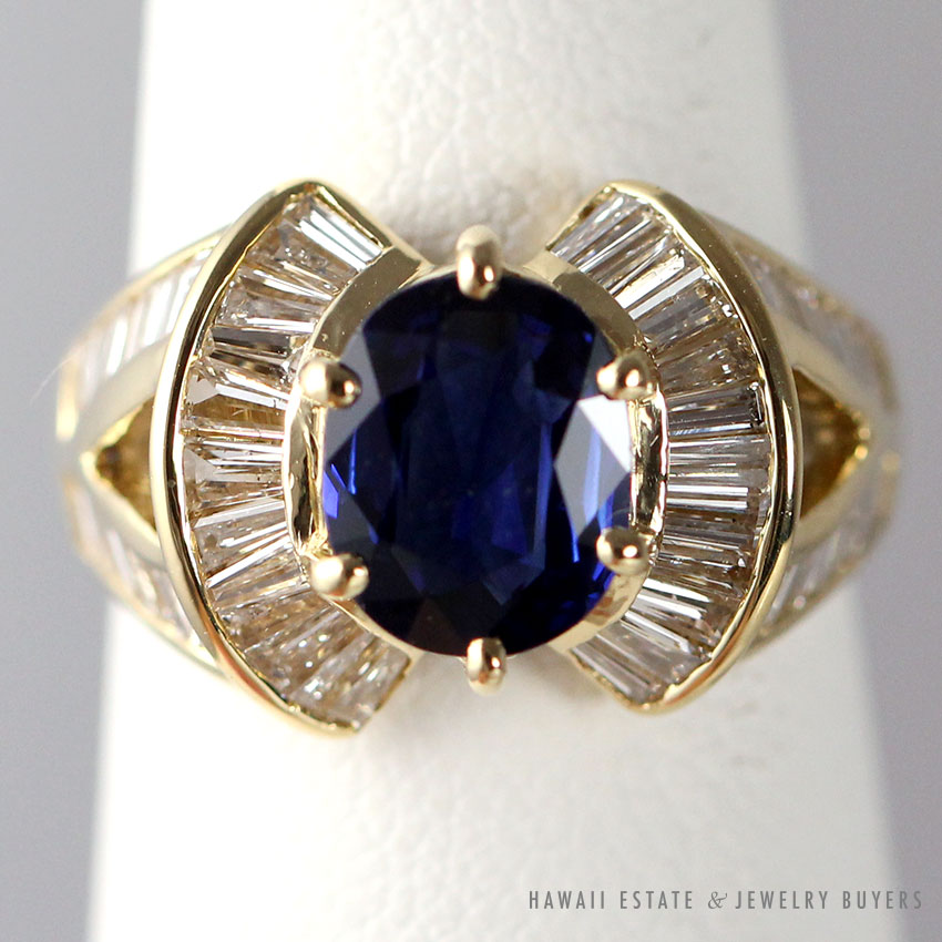Le Vian Oval Blue Sapphire Baguette Diamond 18K Yellow Gold Ring Size 6.5