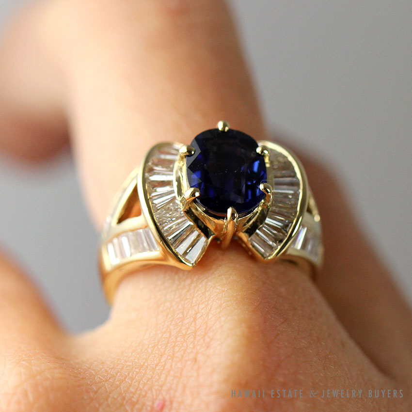 Le Vian Oval Blue Sapphire Baguette Diamond 18K Yellow Gold Ring Size 6.5 - Image 7