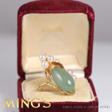 MING'S HAWAII JADE TEAR DROP & PEARL 14K YELLOW GOLD RING SIZE 6.5 W/ BOX
