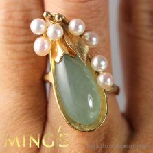 MING'S HAWAII JADE TEAR DROP & PEARL 14K YELLOW GOLD RING SIZE 6.5 W/ BOX