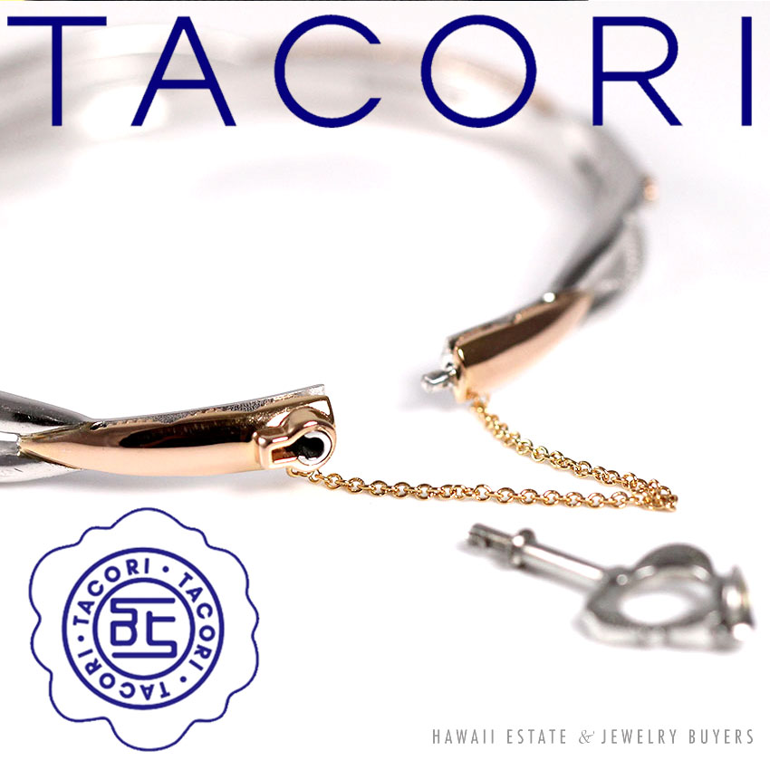 TACORI PROMISE BRACELET 18K ROSE GOLD AND SILVER 7" LOCK AND KEY BANGLE