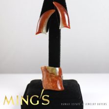 RARE MING'S HAWAII ABSTRACT SHAPE BROWN GRAY JADE 14K YELLOW GOLD RING EARRINGS
