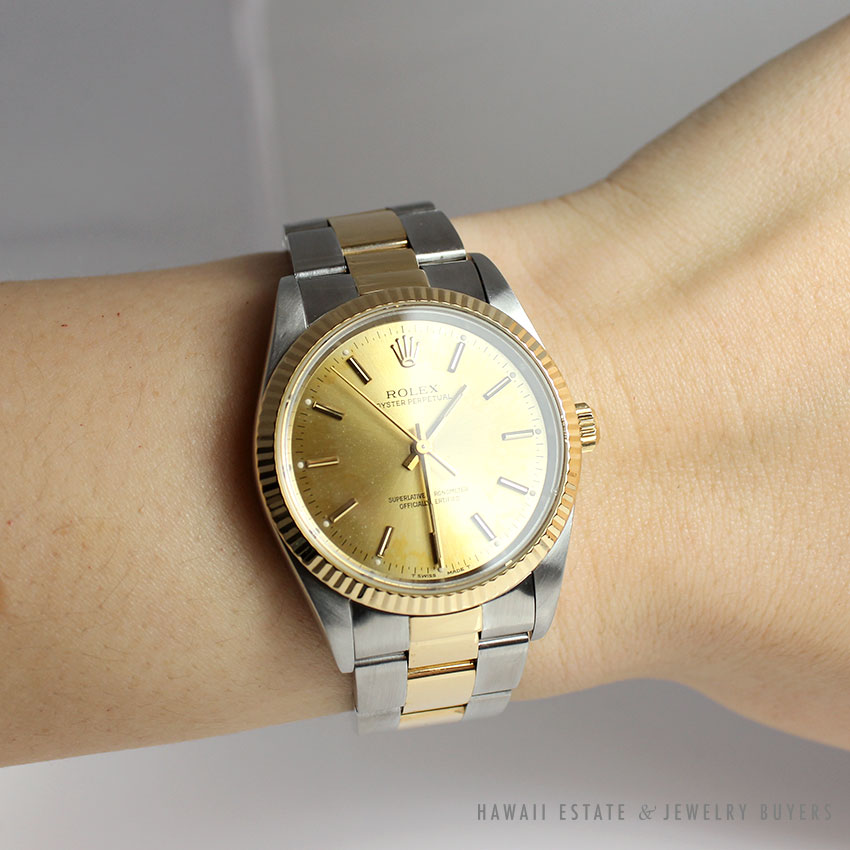1990 ROLEX MEN’S 34MM OYSTER PERPETUAL NO-DATE REF 14233 TWO TONE WRIST WATCH - Image 3