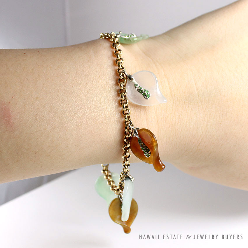 Carved Multi-Color Jade Leaf Charm 14K Yellow Gold Bracelet 7.5 Inch