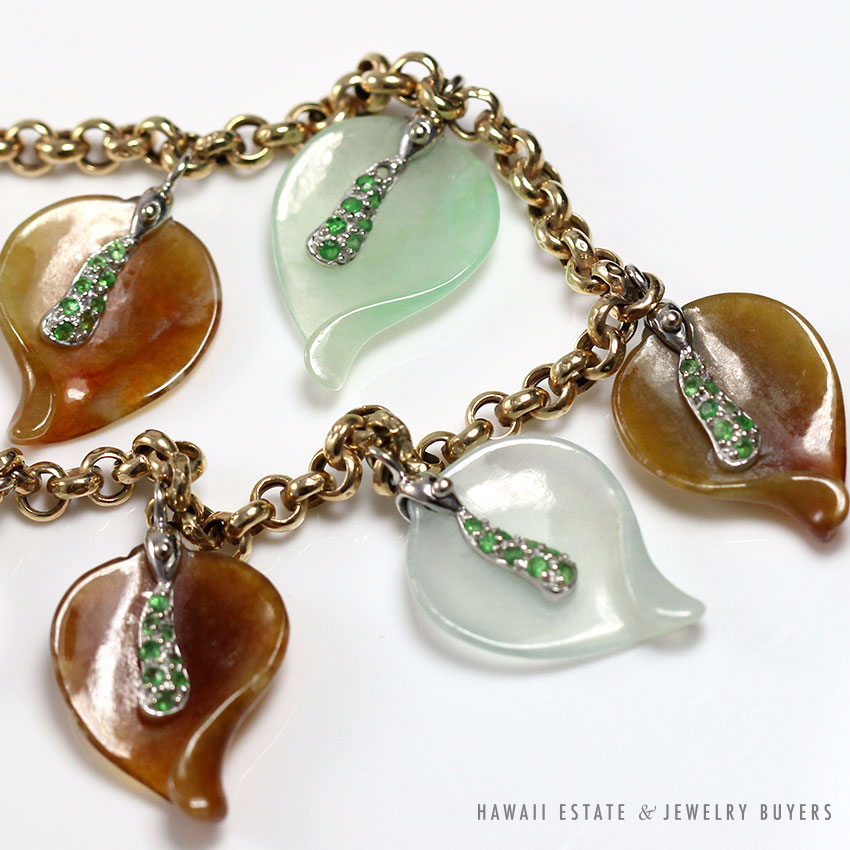 Carved Multi-Color Jade Leaf Charm 14K Yellow Gold Bracelet 7.5 Inch - Image 5
