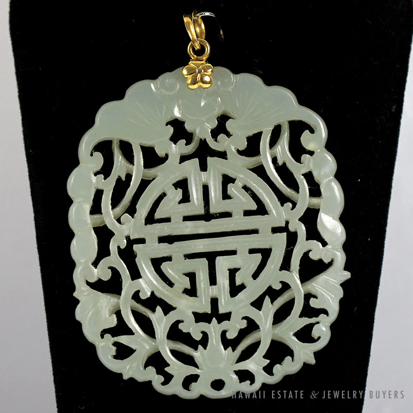 Carved Jade Openwork Longevity & Bat Pendant with 14K Yellow Gold Bail