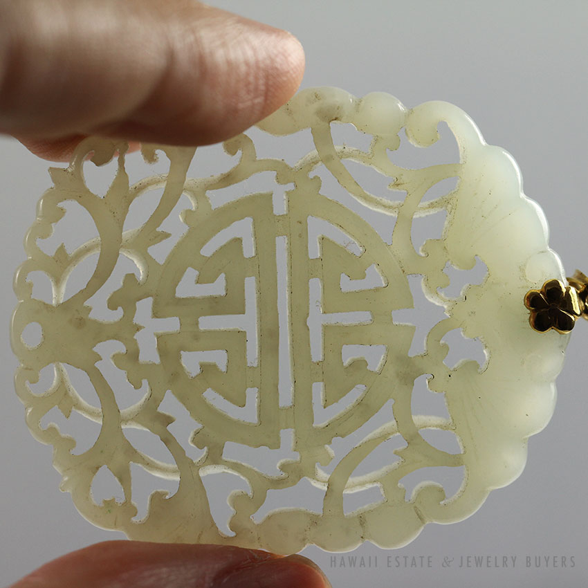 Carved Jade Openwork Longevity & Bat Pendant with 14K Yellow Gold Bail - Image 3