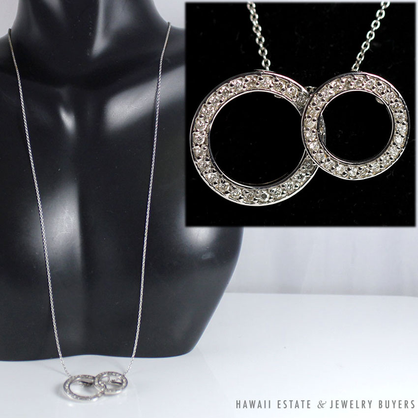 ROBERTO COIN TWO-CIRCLE DIAMOND 18K WHITE GOLD PENDANT NECKLACE 18"