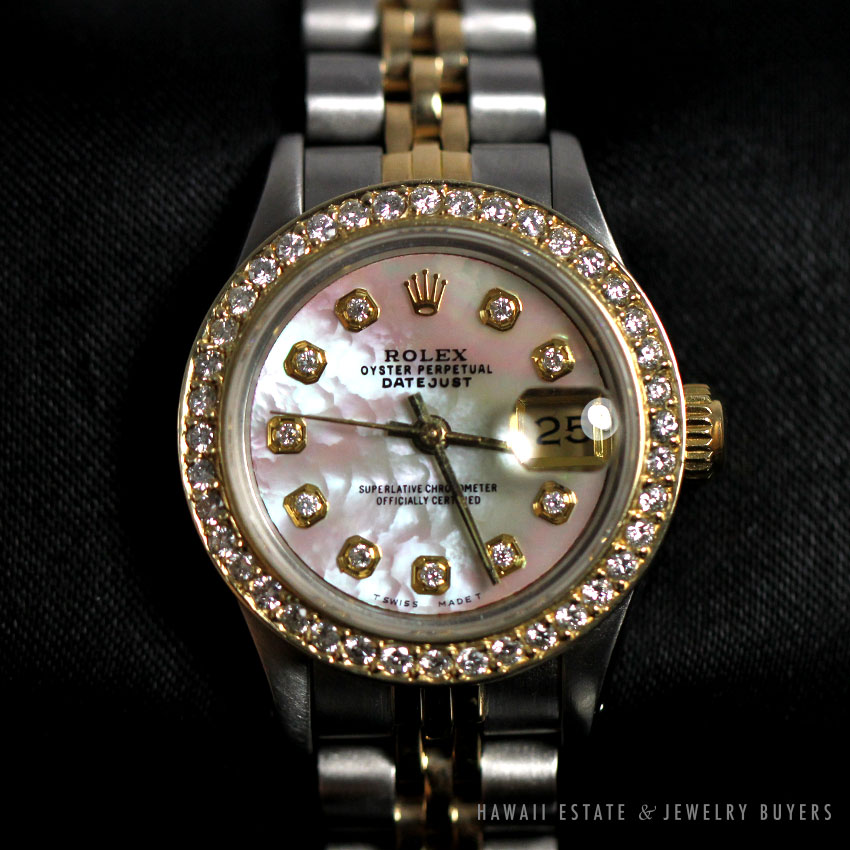 ROLEX LADIES STEEL & 18K GOLD DATEJUST WHITE MOTHER OF PEARL DIAMOND BEZEL WATCH