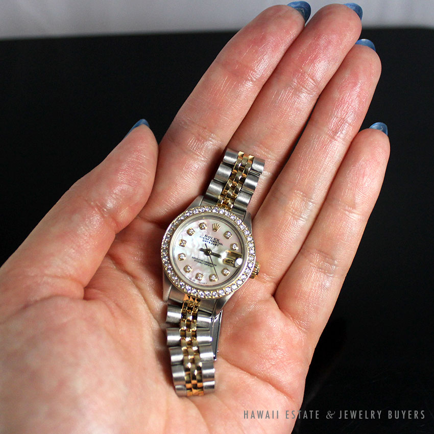 ROLEX LADIES STEEL & 18K GOLD DATEJUST WHITE MOTHER OF PEARL DIAMOND BEZEL WATCH - Image 2