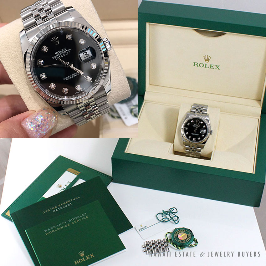 ROLEX MINT 2017 DATEJUST BLACK 36MM FACTORY DIAMOND DIAL SS 18K REF 11623 WATCH