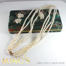 VINTAGE MING'S HAWAII CULTURED PEARL 4 STRAND 14K YELLOW GOLD NECKLACE 23.5" RING EARRINGS SET