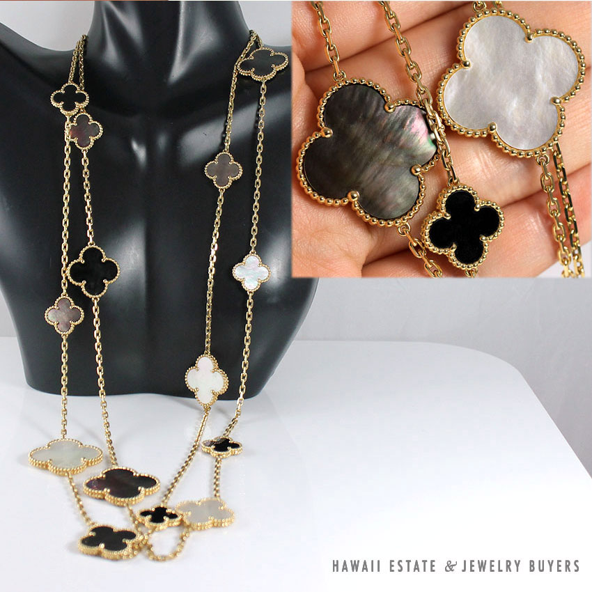VAN CLEEF & ARPELS MAGIC ALHAMBRA LONG 16 MOTIFS WHITE & GRAY MOTHER OF PEARL & ONYX 18K YELLOW GOLD NECKLACE 25"