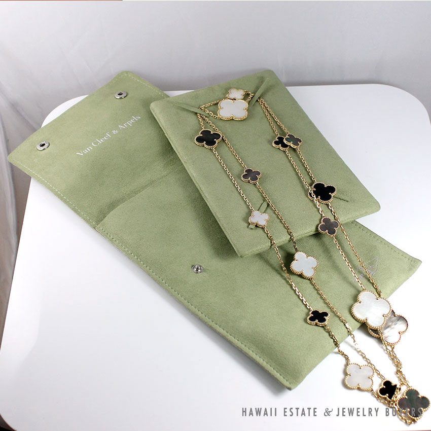 VAN CLEEF & ARPELS MAGIC ALHAMBRA LONG 16 MOTIFS WHITE & GRAY MOTHER OF PEARL & ONYX 18K YELLOW GOLD NECKLACE 25" - Image 3